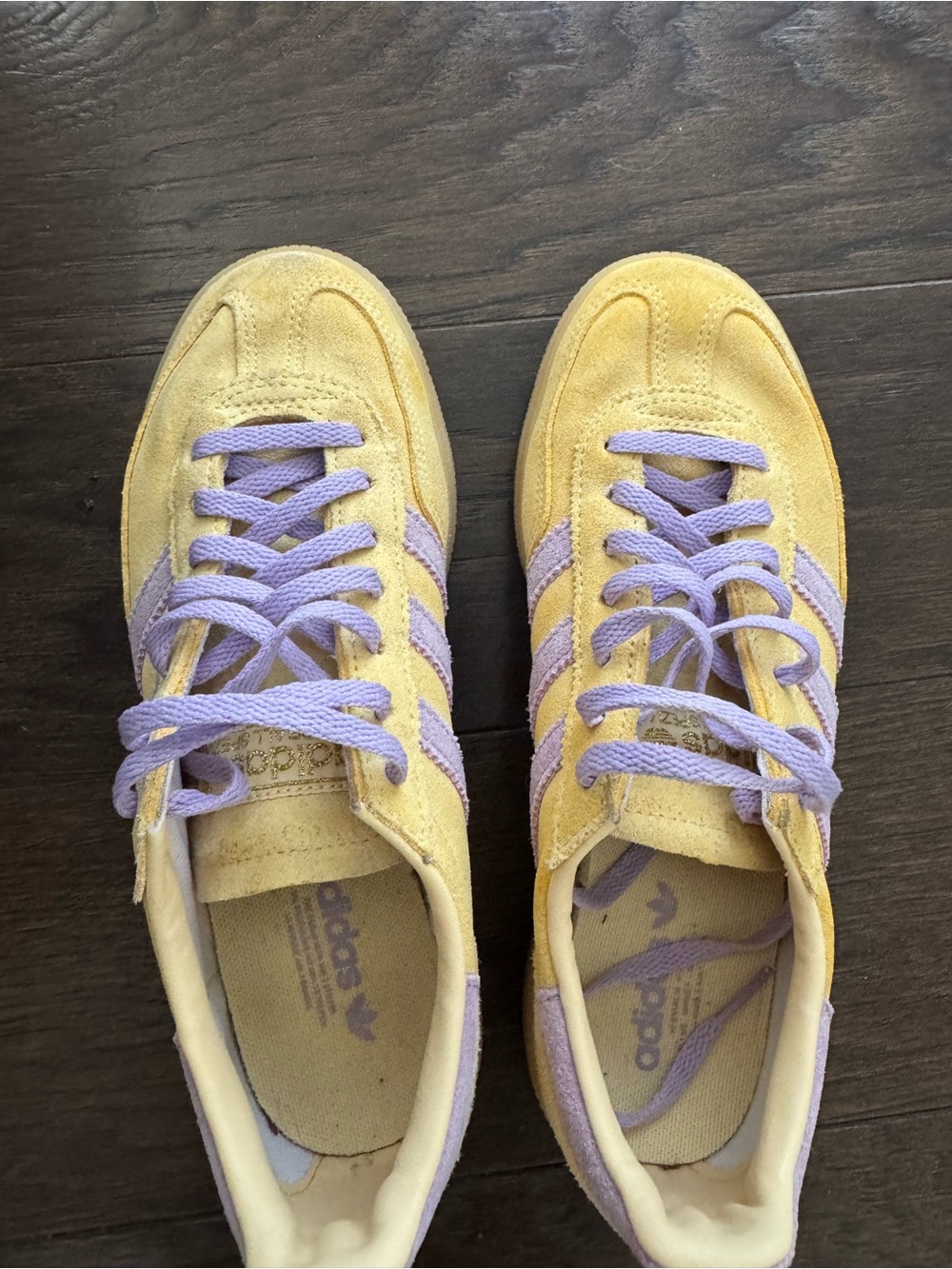 adidas Women's Yellow Suede Sneakers with Lavender Stripes